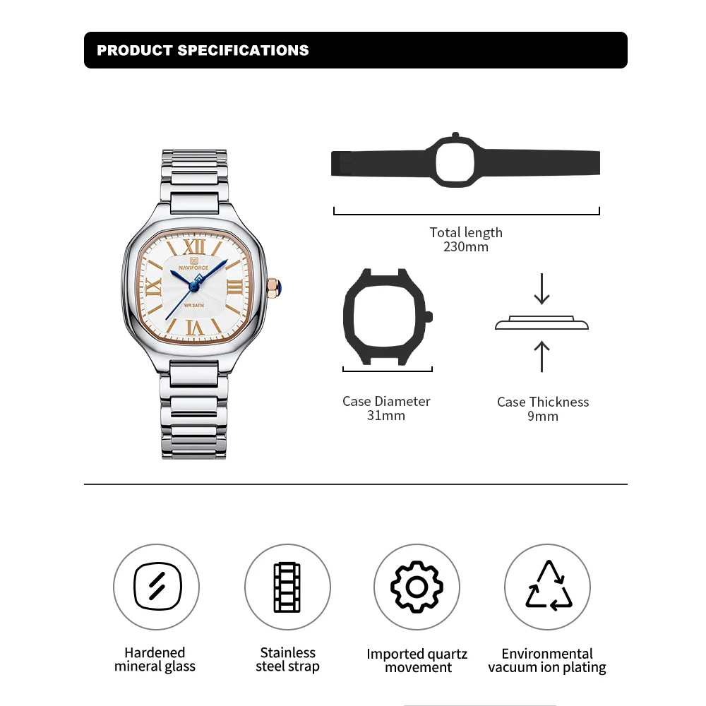 NAVIFORCE 럭셔리 여성용 시계 스퀘어 다이얼 쿼 - Minimalist Thin Watch 리뷰 및 가격